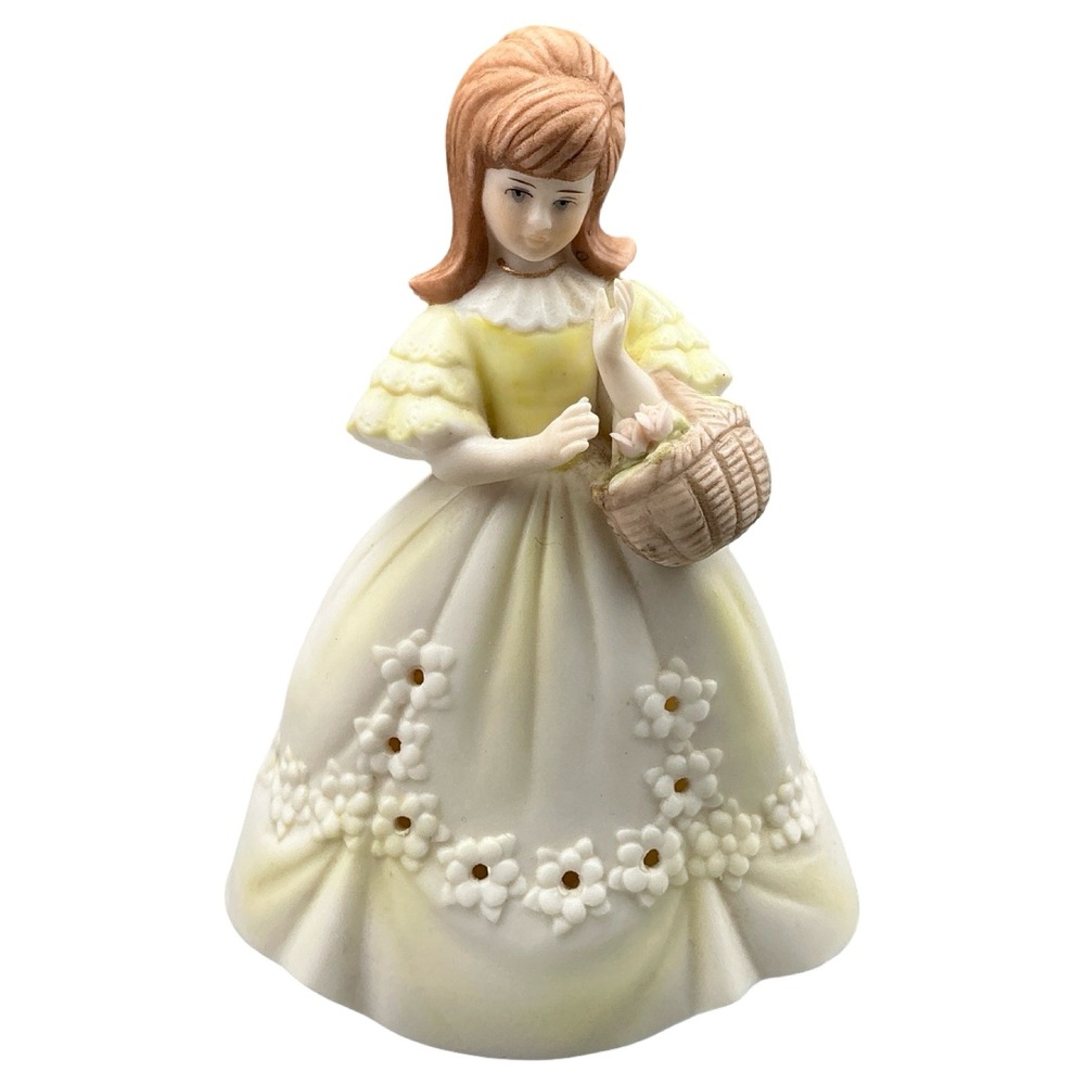 Vintage Bisque Porcelain Potpourri 6" Figurine Girl Flower Basket Yellow Japan